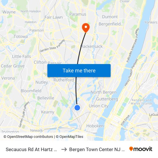 Secaucus Rd At Hartz Way to Bergen Town Center NJ USA map