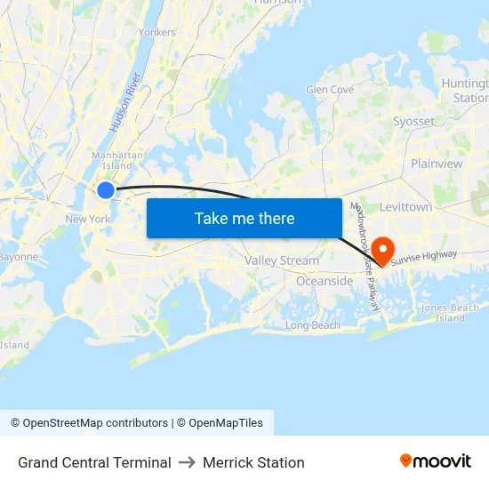 Grand Central Terminal to Merrick Station map