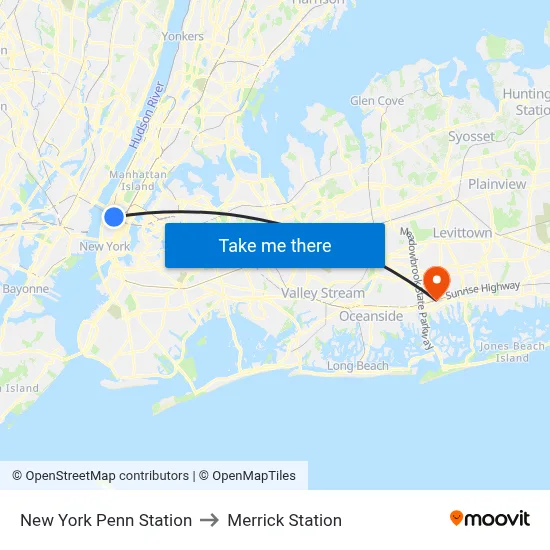 New York Penn Station to Merrick Station map