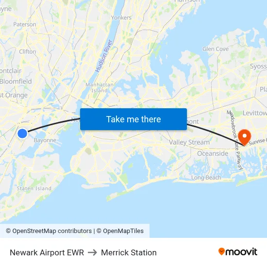 Newark Airport EWR to Merrick Station map
