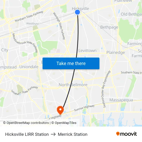 Hicksville LIRR Station to Merrick Station map