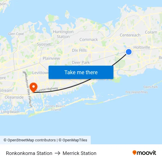 Ronkonkoma Station to Merrick Station map