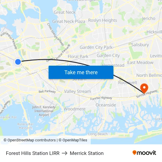 Forest Hills Station LIRR to Merrick Station map