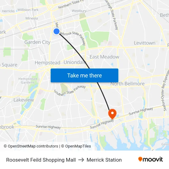 Roosevelt Feild Shopping Mall, 630 Old Country Rd to Merrick Station map