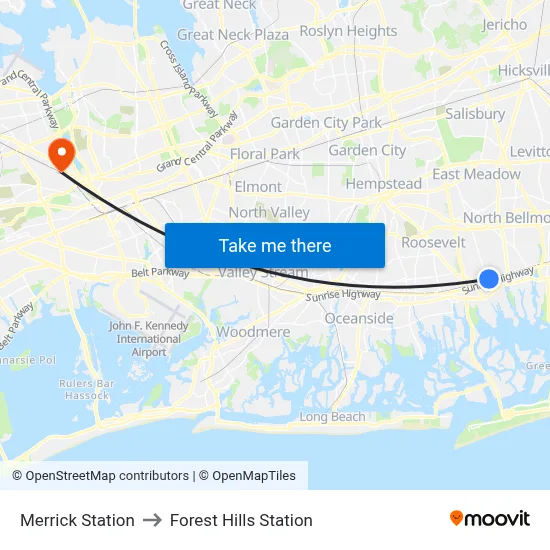 Merrick Station to Forest Hills Station map