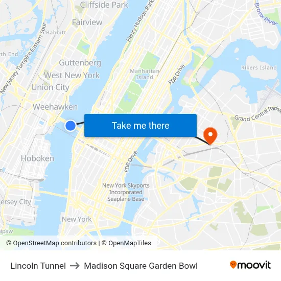 Lincoln Tunnel to Madison Square Garden Bowl map