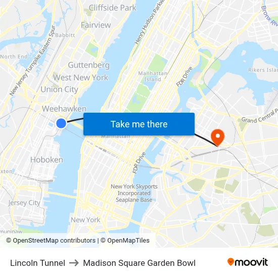 Lincoln Tunnel to Madison Square Garden Bowl map