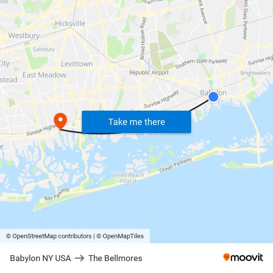 Babylon NY USA to The Bellmores map