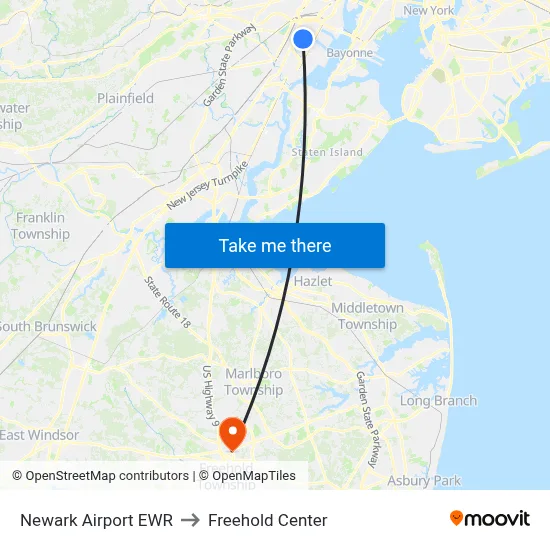 Newark Airport EWR to Freehold Center map
