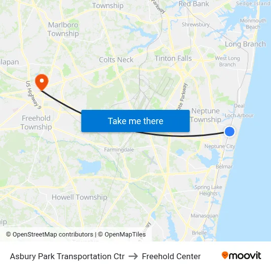Asbury Park Transportation Ctr to Freehold Center map