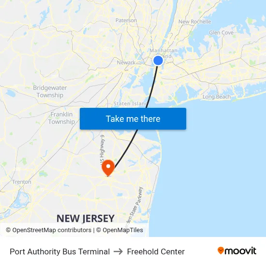 Port Authority Bus Terminal to Freehold Center map