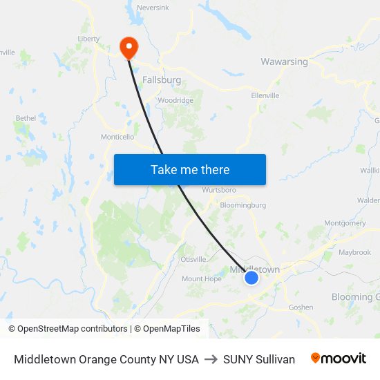 Middletown Orange County NY USA to SUNY Sullivan map