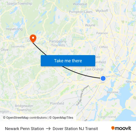Newark Penn Station to Dover Station NJ Transit map