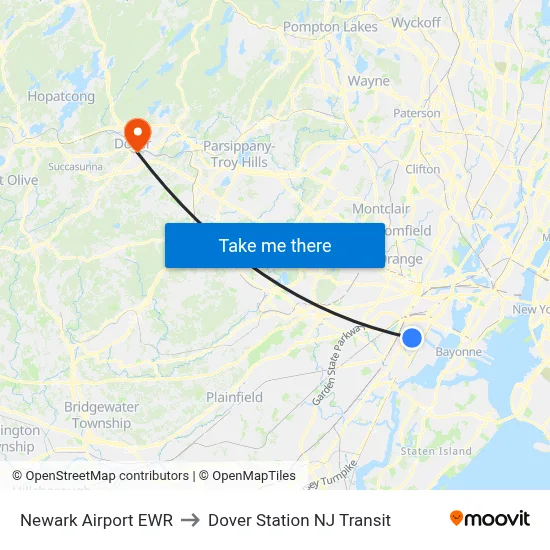 Newark Airport EWR to Dover Station NJ Transit map