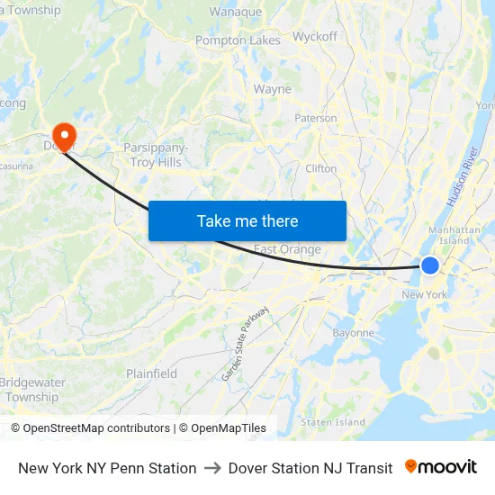 New York NY Penn Station to Dover Station NJ Transit map