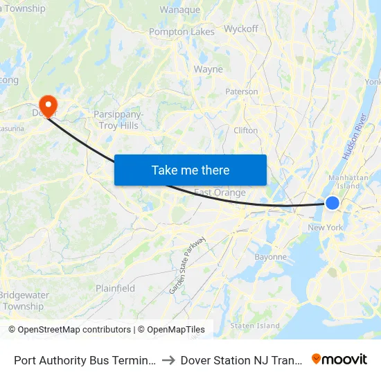 Port Authority Bus Terminal to Dover Station NJ Transit map