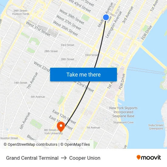 Grand Central Terminal to Cooper Union map