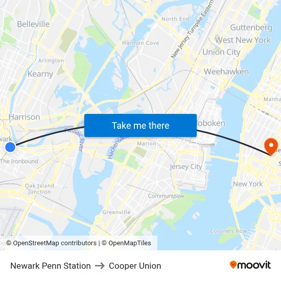 Newark Penn Station to Cooper Union map
