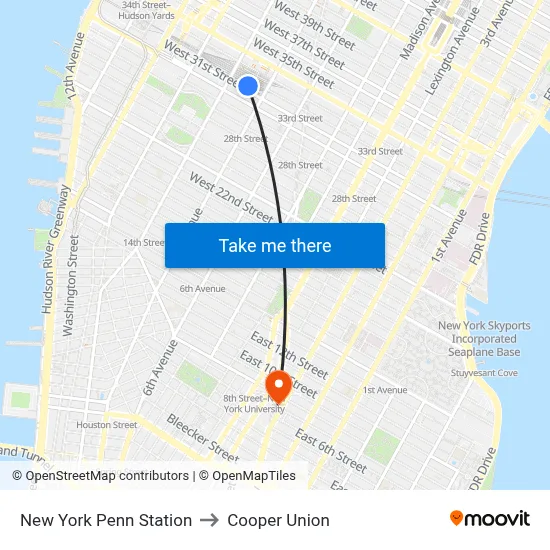 New York Penn Station to Cooper Union map