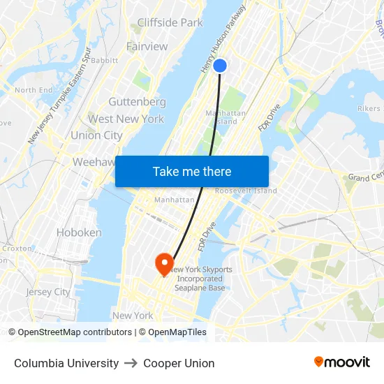 Columbia University to Cooper Union map
