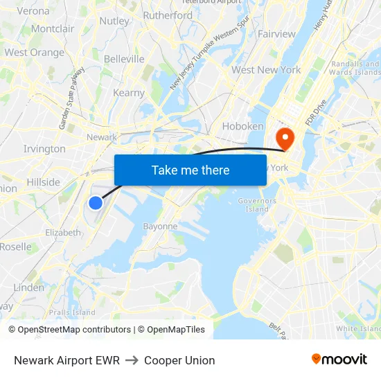 Newark Airport EWR to Cooper Union map