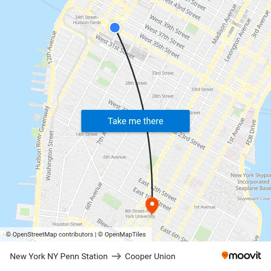 New York NY Penn Station to Cooper Union map