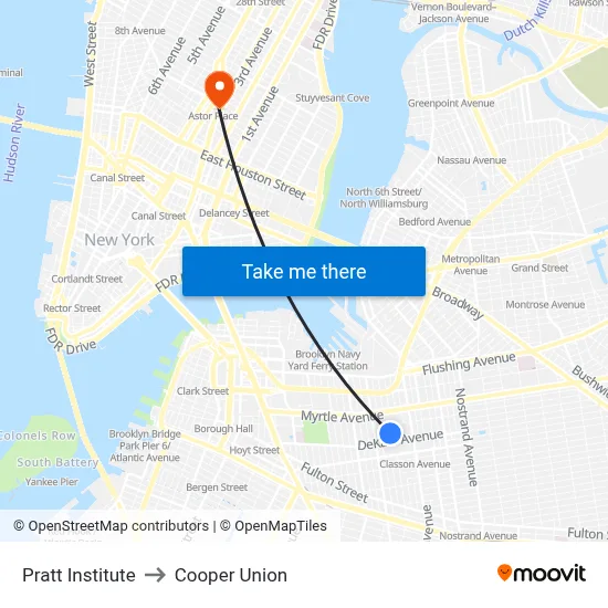 Pratt Institute to Cooper Union map