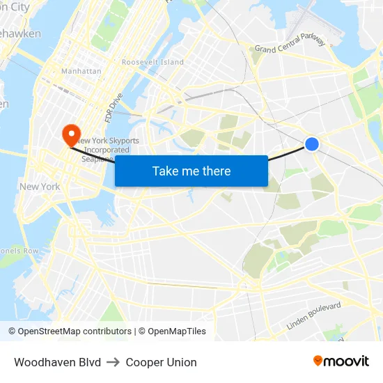 Woodhaven Blvd to Cooper Union map