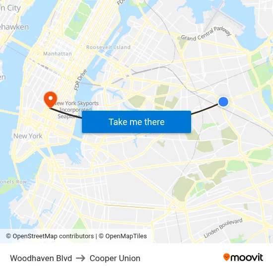 Woodhaven Blvd to Cooper Union map