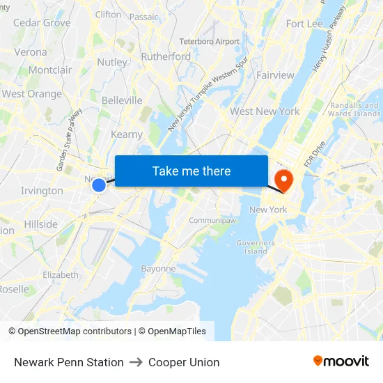 Newark Penn Station to Cooper Union map