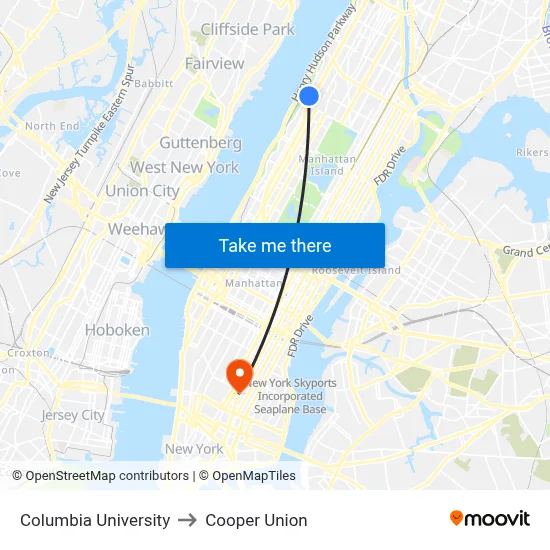 Columbia University to Cooper Union map