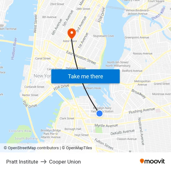 Pratt Institute to Cooper Union map