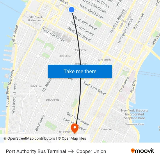 Port Authority Bus Terminal to Cooper Union map
