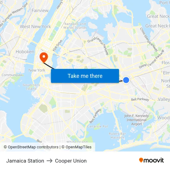 Jamaica Station to Cooper Union map