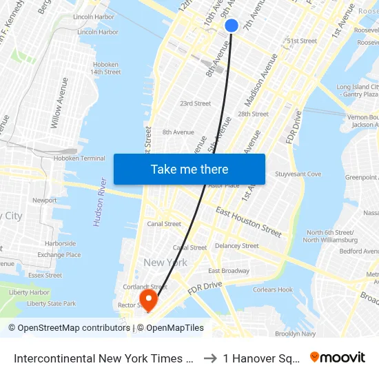 Intercontinental New York Times Square to 1 Hanover Square map