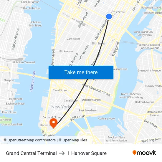 Grand Central Terminal to 1 Hanover Square map