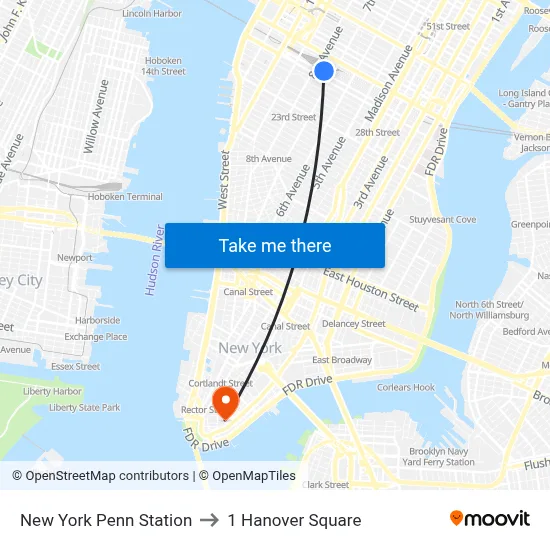 New York Penn Station to 1 Hanover Square map