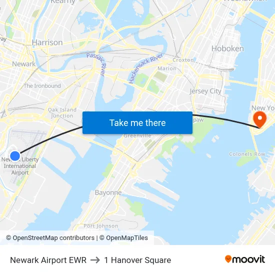 Newark Airport EWR to 1 Hanover Square map