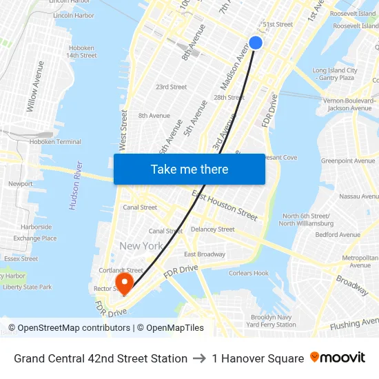 Grand Central 42nd Street Station to 1 Hanover Square map