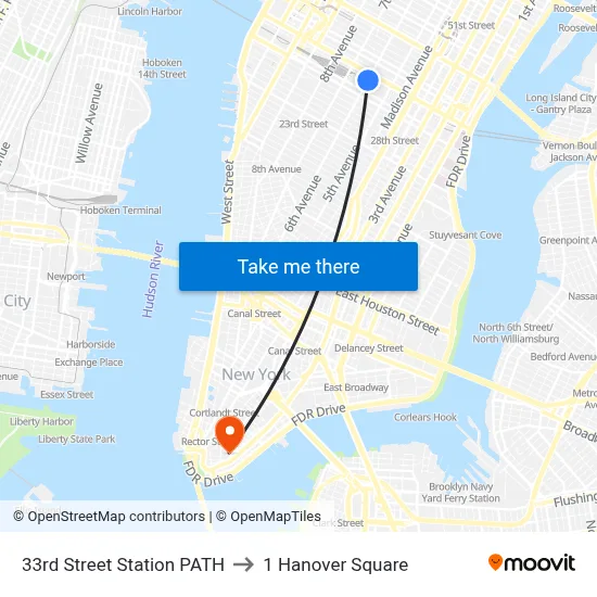 33rd Street Station PATH to 1 Hanover Square map