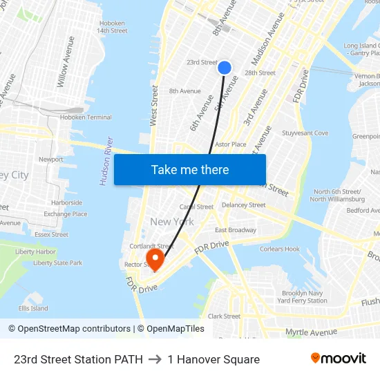 23rd Street Station PATH to 1 Hanover Square map