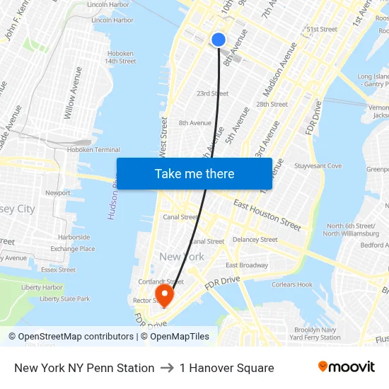 New York NY Penn Station to 1 Hanover Square map