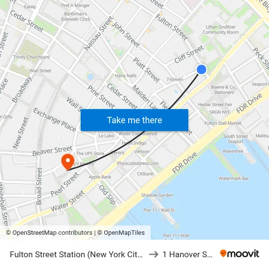 Fulton Street Station (New York City Subway) to 1 Hanover Square map