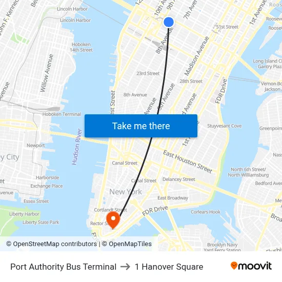 Port Authority Bus Terminal to 1 Hanover Square map