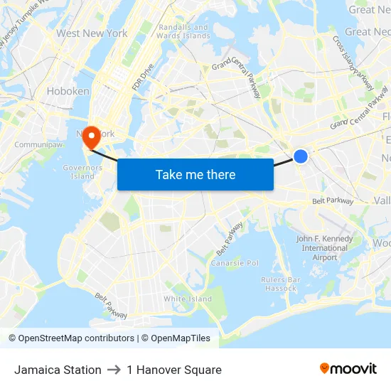 Jamaica Station to 1 Hanover Square map