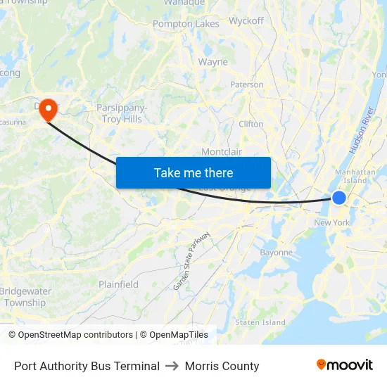 Port Authority Bus Terminal to Morris County map
