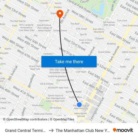 Grand Central Terminal to The Manhattan Club New York map