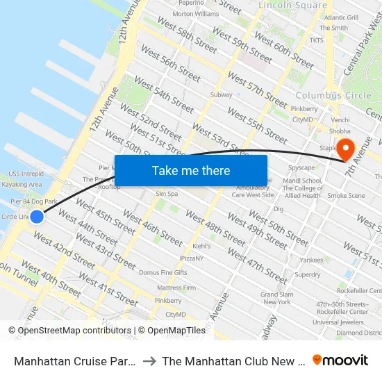 Manhattan Cruise Parking to The Manhattan Club New York map