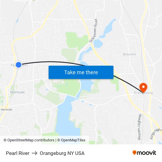 Pearl River to Orangeburg NY USA map