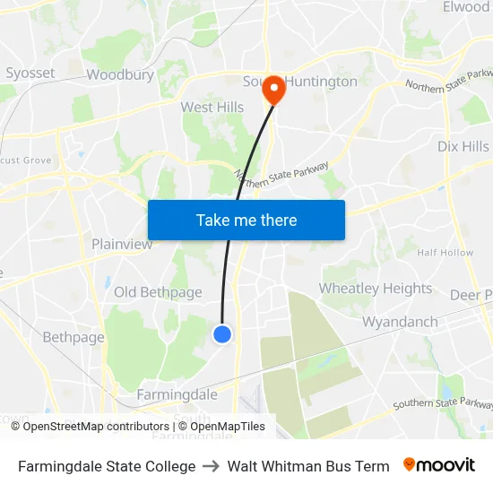 Farmingdale State College to Walt Whitman Bus Term map